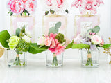 Pink Green Lavender Floral Arrangement, Artificial Faux Centerpiece Silk Flowers in Glass Vase for Home Decor, High-Quality Floral, Weddings