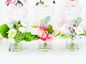 Pink Green Lavender Floral Arrangement, Artificial Faux Centerpiece Silk Flowers in Glass Vase for Home Decor, High-Quality Floral, Weddings