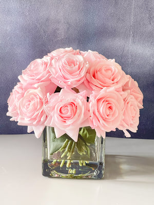 Real Touch Light Pink Roses Arrangement in Vase, French Country Artificial Flowers, Faux Floral Home Decor