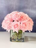 Real Touch Light Pink Roses Arrangement in Vase, French Country Artificial Flowers, Faux Floral Home Decor