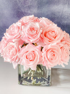 Real Touch Light Pink Roses Arrangement in Vase, French Country Artificial Flowers, Faux Floral Home Decor