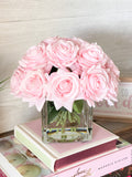 Real Touch Light Pink Roses Arrangement in Vase, French Country Artificial Flowers, Faux Floral Home Decor