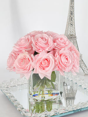 Real Touch Light Pink Roses Arrangement in Vase, French Country Artificial Flowers, Faux Floral Home Decor