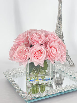 Real Touch Light Pink Roses Arrangement in Vase, French Country Artificial Flowers, Faux Floral Home Decor