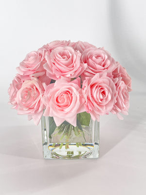 Real Touch Light Pink Roses Arrangement in Vase, French Country Artificial Flowers, Faux Floral Home Decor