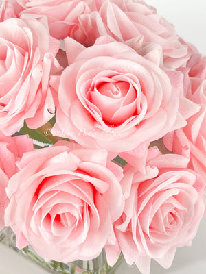 Real Touch Light Pink Roses Arrangement in Vase, French Country Artificial Flowers, Faux Floral Home Decor