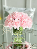 Real Touch Light Pink Roses Arrangement in Vase, French Country Artificial Flowers, Faux Floral Home Decor
