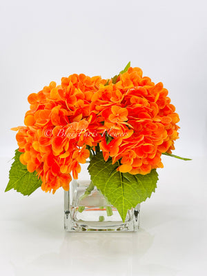 Tangerine Orange Fall REAL TOUCH Hydrangeas in Vase Artificial Faux Flower Arrangement French Floral Centerpiece Flower Faux Flower in Vase Home Decor