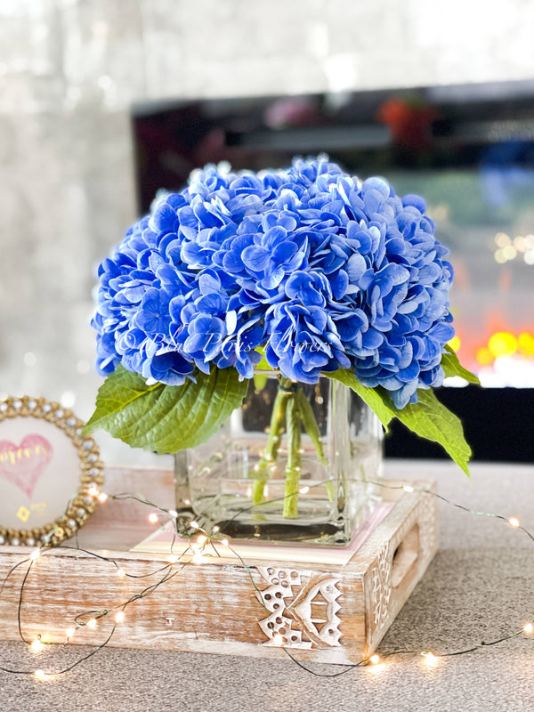 Deep Blue REAL TOUCH Hydrangeas in Vase Artificial Faux Flower Arrangement French Floral Centerpiece Flower Faux Flower in Vase Home Decor