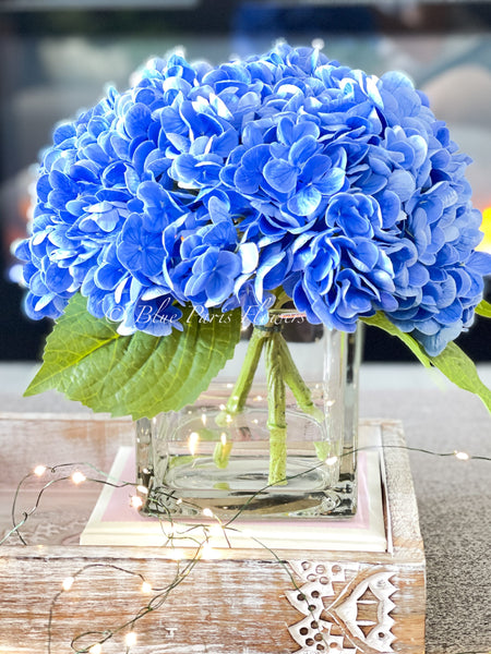 Deep Blue REAL TOUCH Hydrangeas in Vase Artificial Faux Flower Arrange –  Blue Paris Flowers