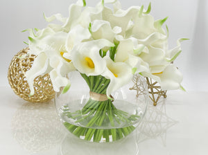 White Real Touch Calla Lillies Arrangement, Artificial Faux Centerpiece, Faux Floral Flowers in Glass Vase for Home Decor