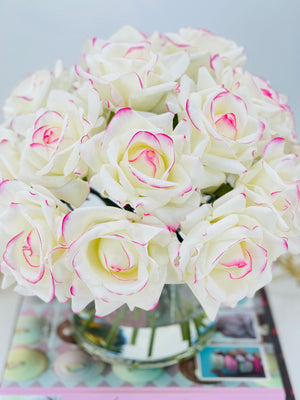 20 Real Touch White/Pink Rose Arrangement in Vase, French Artificial Flowers Faux Floral Home Decor Realistic Floral Arrangement Blue Paris