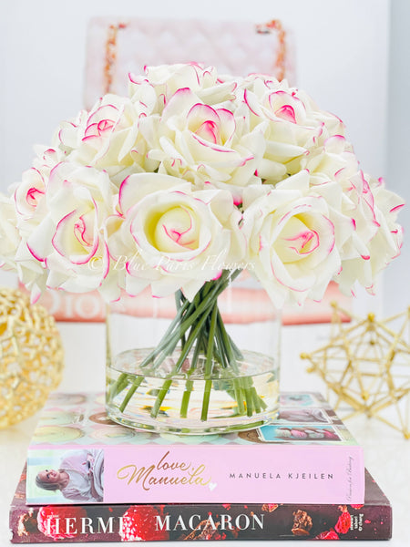 20 Real Touch White/Pink Rose Arrangement in Vase, French Artificial Flowers Faux Floral Home Decor Realistic Floral Arrangement Blue Paris