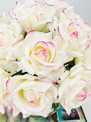 20 Real Touch White/Pink Rose Arrangement in Vase, French Artificial Flowers Faux Floral Home Decor Realistic Floral Arrangement Blue Paris