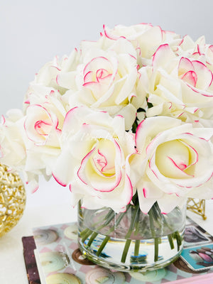 20 Real Touch White/Pink Rose Arrangement in Vase, French Artificial Flowers Faux Floral Home Decor Realistic Floral Arrangement Blue Paris