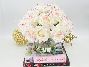 20 Real Touch White/Pink Rose Arrangement in Vase, French Artificial Flowers Faux Floral Home Decor Realistic Floral Arrangement Blue Paris