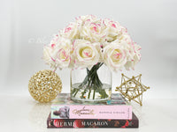 20 Real Touch White/Pink Rose Arrangement in Vase, French Artificial Flowers Faux Floral Home Decor Realistic Floral Arrangement Blue Paris