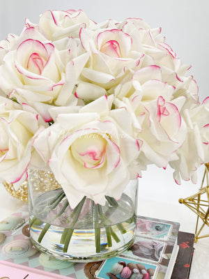 20 Real Touch White/Pink Rose Arrangement in Vase, French Artificial Flowers Faux Floral Home Decor Realistic Floral Arrangement Blue Paris