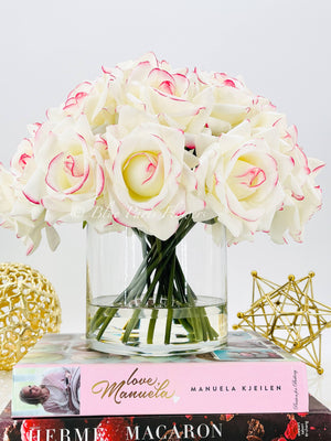 20 Real Touch White/Pink Rose Arrangement in Vase, French Artificial Flowers Faux Floral Home Decor Realistic Floral Arrangement Blue Paris