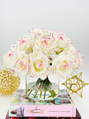 20 Real Touch White/Pink Rose Arrangement in Vase, French Artificial Flowers Faux Floral Home Decor Realistic Floral Arrangement Blue Paris