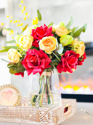 Red Roses Yellow Peonies with Greenery Arrangement, Artificial Faux Centerpiece, French Silk Floral Flowers Real Touch Roses, Home Decor