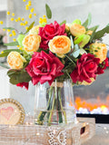 Red Roses Yellow Peonies with Greenery Arrangement, Artificial Faux Centerpiece, French Silk Floral Flowers Real Touch Roses, Home Decor