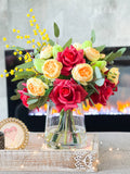 Red Roses Yellow Peonies with Greenery Arrangement, Artificial Faux Centerpiece, French Silk Floral Flowers Real Touch Roses, Home Decor