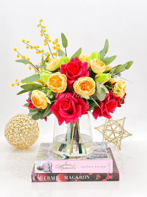 Red Roses Yellow Peonies with Greenery Arrangement, Artificial Faux Centerpiece, French Silk Floral Flowers Real Touch Roses, Home Decor