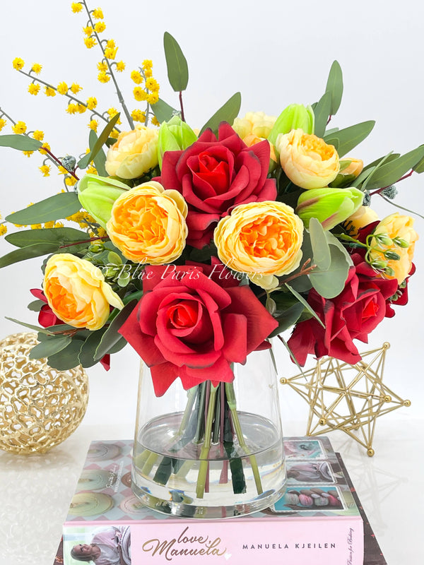 Red Roses Yellow Peonies with Greenery Arrangement, Artificial Faux Centerpiece, French Silk Floral Flowers Real Touch Roses, Home Decor