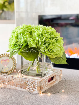 Nature Green REAL TOUCH Hydrangeas in Vase Artificial Faux Flower Arrangement French Floral Centerpiece Flower Faux Flower in Vase Home Decor