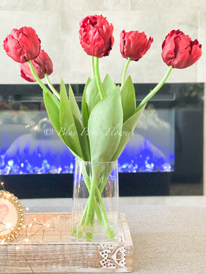 22” Red Tulips | Modern Arrangement Centerpiece| Silk | Artificial Faux Forever Flowers in Glass Vase | Faux Flowers in Vase