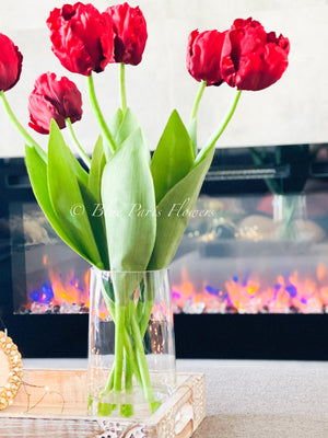 22” Red Tulips | Modern Arrangement Centerpiece| Silk | Artificial Faux Forever Flowers in Glass Vase | Faux Flowers in Vase
