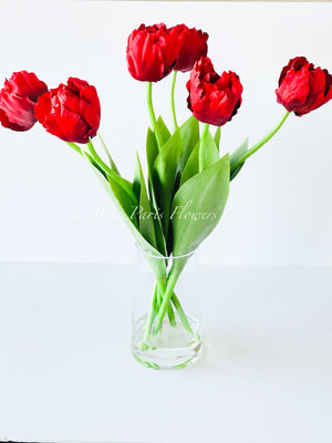 22” Red Tulips | Modern Arrangement Centerpiece| Silk | Artificial Faux Forever Flowers in Glass Vase | Faux Flowers in Vase