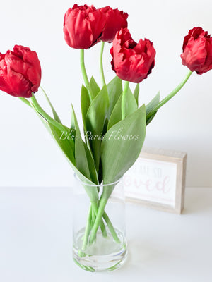 22” Red Tulips | Modern Arrangement Centerpiece| Silk | Artificial Faux Forever Flowers in Glass Vase | Faux Flowers in Vase
