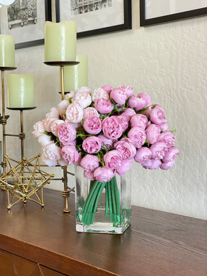 Pink Peony Arrangement Artificial Faux Forever Flowers, Floral Centerpiece Arrangement in Glass Vase for Home Decor by Blue Paris Flowers