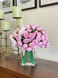 Pink Peony Arrangement Artificial Faux Forever Flowers, Floral Centerpiece Arrangement in Glass Vase for Home Decor by Blue Paris Flowers
