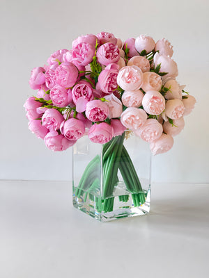 Pink Peony Arrangement Artificial Faux Forever Flowers, Floral Centerpiece Arrangement in Glass Vase for Home Decor by Blue Paris Flowers