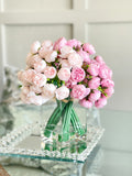 Pink Peony Arrangement Artificial Faux Forever Flowers, Floral Centerpiece Arrangement in Glass Vase for Home Decor by Blue Paris Flowers