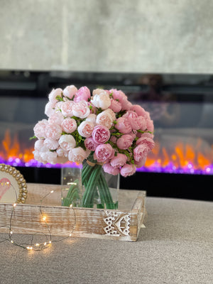 Pink Peony Arrangement Artificial Faux Forever Flowers, Floral Centerpiece Arrangement in Glass Vase for Home Decor by Blue Paris Flowers