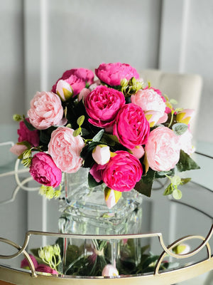 Light and Dark Pink Rose Peony Arrangement, Artificial Faux Centerpiece, Silk Flowers in Glass Vase for Home Decor