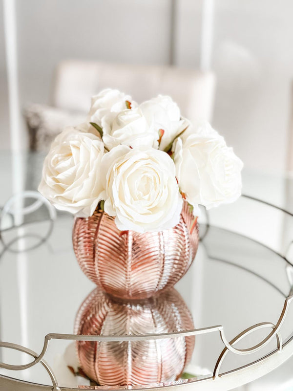 Blush Rose Flower Arrangement, Floral, Artificial Faux Centerpiece, Soft Touch Flowers in Rose Gold Glass Vase Home Decor