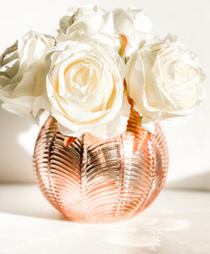 Blush Rose Flower Arrangement, Floral, Artificial Faux Centerpiece, Soft Touch Flowers in Rose Gold Glass Vase Home Decor