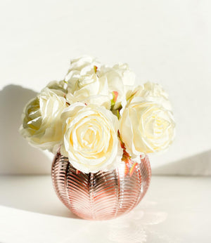 Blush Rose Flower Arrangement, Floral, Artificial Faux Centerpiece, Soft Touch Flowers in Rose Gold Glass Vase Home Decor