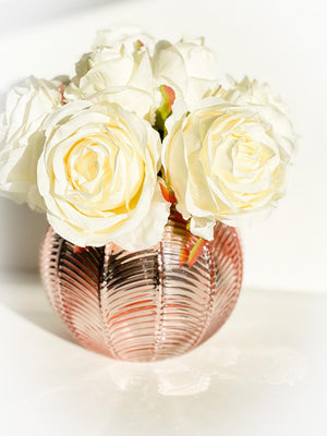 Blush Rose Flower Arrangement, Floral, Artificial Faux Centerpiece, Soft Touch Flowers in Rose Gold Glass Vase Home Decor