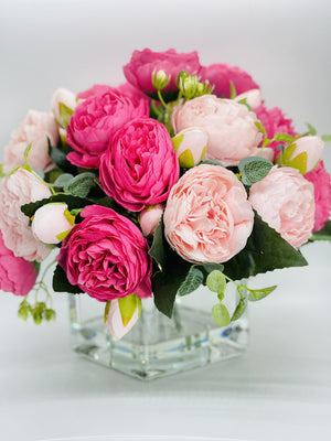 Light and Dark Pink Rose Peony Arrangement, Artificial Faux Centerpiece, Silk Flowers in Glass Vase for Home Decor