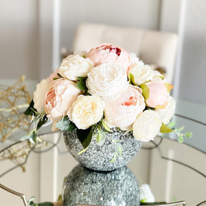 Blush Pink and White Peony Arrangement, Artificial Faux Centerpiece, Floral Decor, Silk Flowers in Glass Vase Home Decor