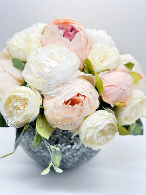 Blush Pink and White Peony Arrangement, Artificial Faux Centerpiece, Floral Decor, Silk Flowers in Glass Vase Home Decor