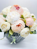 Blush Pink and White Peony Arrangement, Artificial Faux Centerpiece, Floral Decor, Silk Flowers in Glass Vase Home Decor