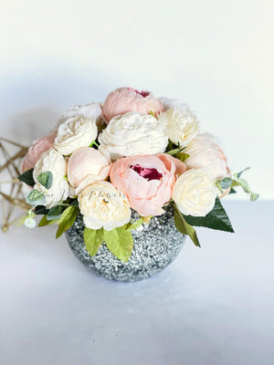 Blush Pink and White Peony Arrangement, Artificial Faux Centerpiece, Floral Decor, Silk Flowers in Glass Vase Home Decor