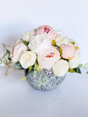 Blush Pink and White Peony Arrangement, Artificial Faux Centerpiece, Floral Decor, Silk Flowers in Glass Vase Home Decor